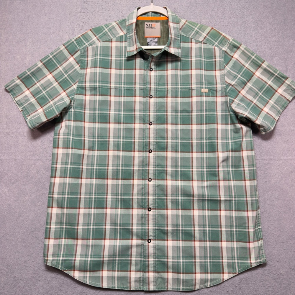 5.11 Tactical Mens Large Green Plaid Short‎ Sleeve Button Up Mesh Vent Shirt